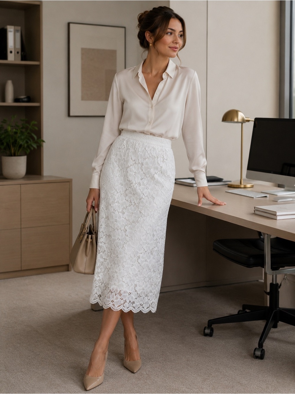Korean Style women’s White lace flower pattern midi skirt size  S